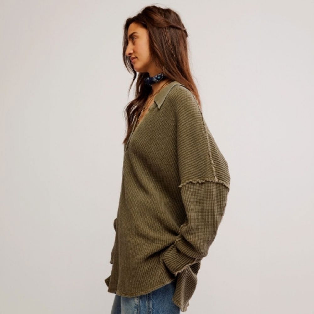 Free People Travis Tunic Polo Top Waffle Knit Thermal Green Oversized Lounge M - Picture 2 of 12